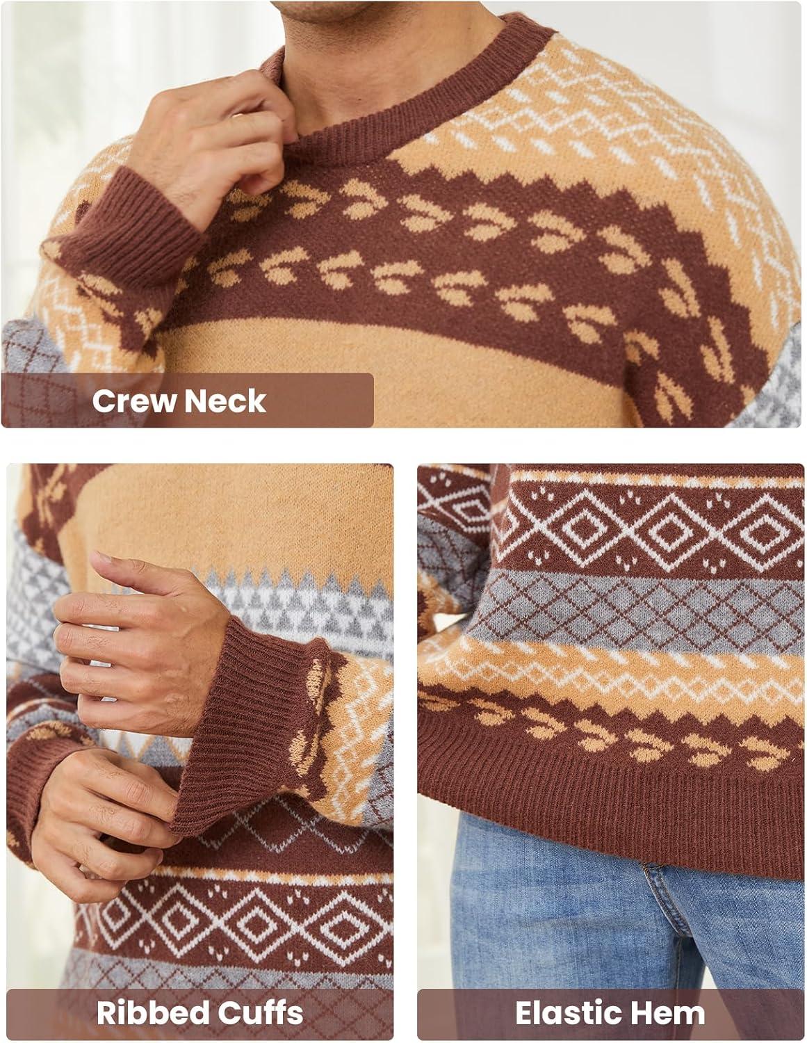 Arssm Mens Vintage Sweater Grandpa Oversized Cable Knit Crewneck Pullovers Casual Long Sleeve Striped Sweater(Brown)