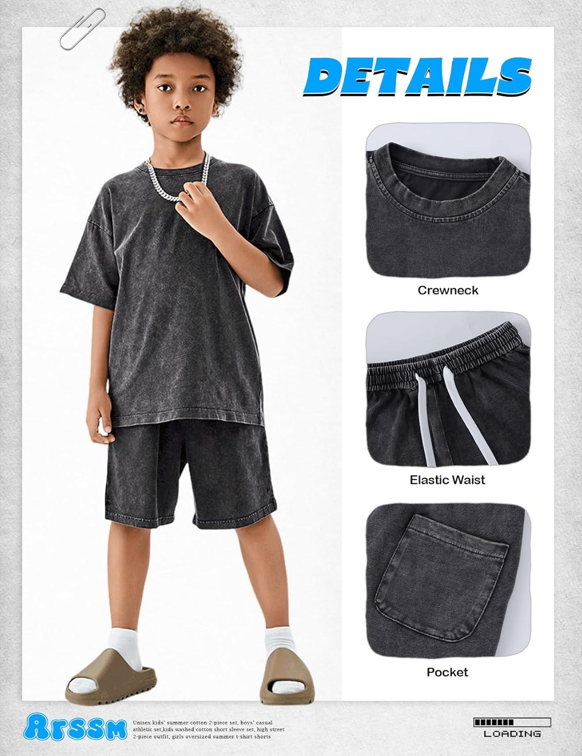 Arssm Boys Short Sets 2 Piece Acid Wash Vintage Kids Athletic Set(Darkgrey)
