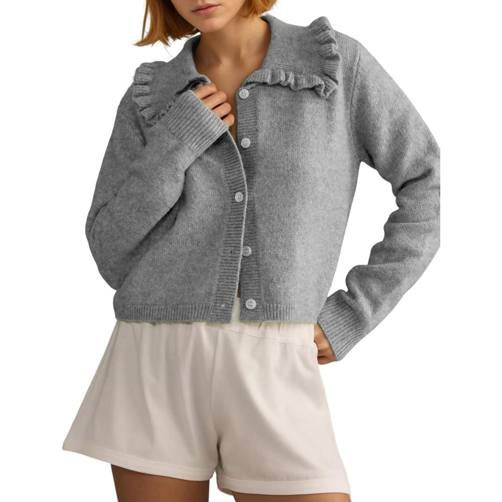 Arssm Womens Ruffle Collar Cardigan Cropped Button Down Open Front Sweaters Knitted Long Sleeve Fall 2025 Elegant Outwear(Grey)
