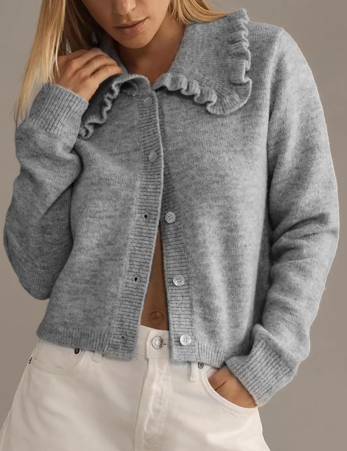 Arssm Womens Ruffle Collar Cardigan Cropped Button Down Open Front Sweaters Knitted Long Sleeve Fall 2025 Elegant Outwear(Grey)
