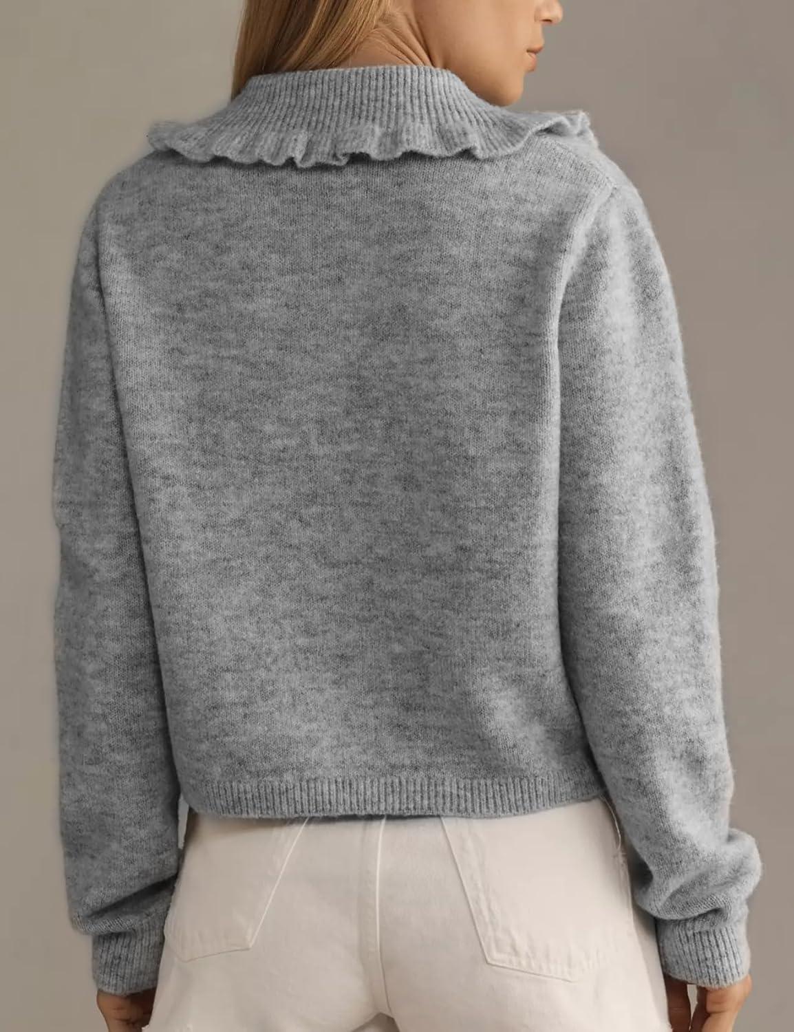 Arssm Womens Ruffle Collar Cardigan Cropped Button Down Open Front Sweaters Knitted Long Sleeve Fall 2025 Elegant Outwear(Grey)