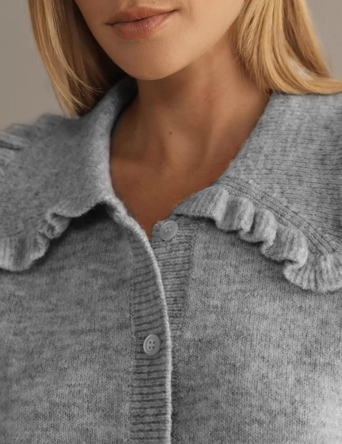 Arssm Womens Ruffle Collar Cardigan Cropped Button Down Open Front Sweaters Knitted Long Sleeve Fall 2025 Elegant Outwear(Grey)