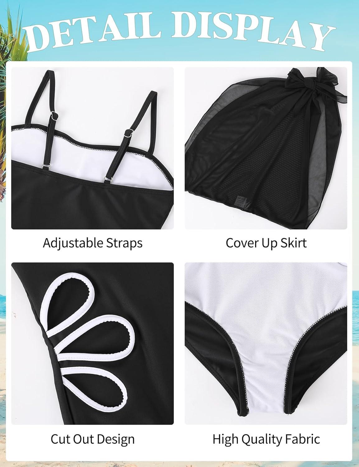 Arssm Girls One Piece Swimsuits Teen Girl Swimsuit Cut Out Bathing Suit with Cover Up Skirt Swimwear 7-16Y(Black)