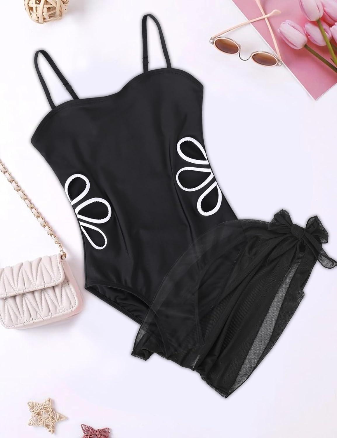 Arssm Girls One Piece Swimsuits Teen Girl Swimsuit Cut Out Bathing Suit with Cover Up Skirt Swimwear 7-16Y(Black)