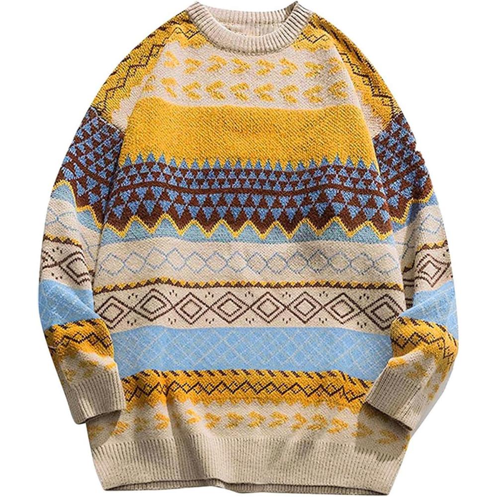 Arssm Mens Vintage Sweater Grandpa Oversized Cable Knit Crewneck Pullovers Casual Long Sleeve Striped Sweater(Yellow)