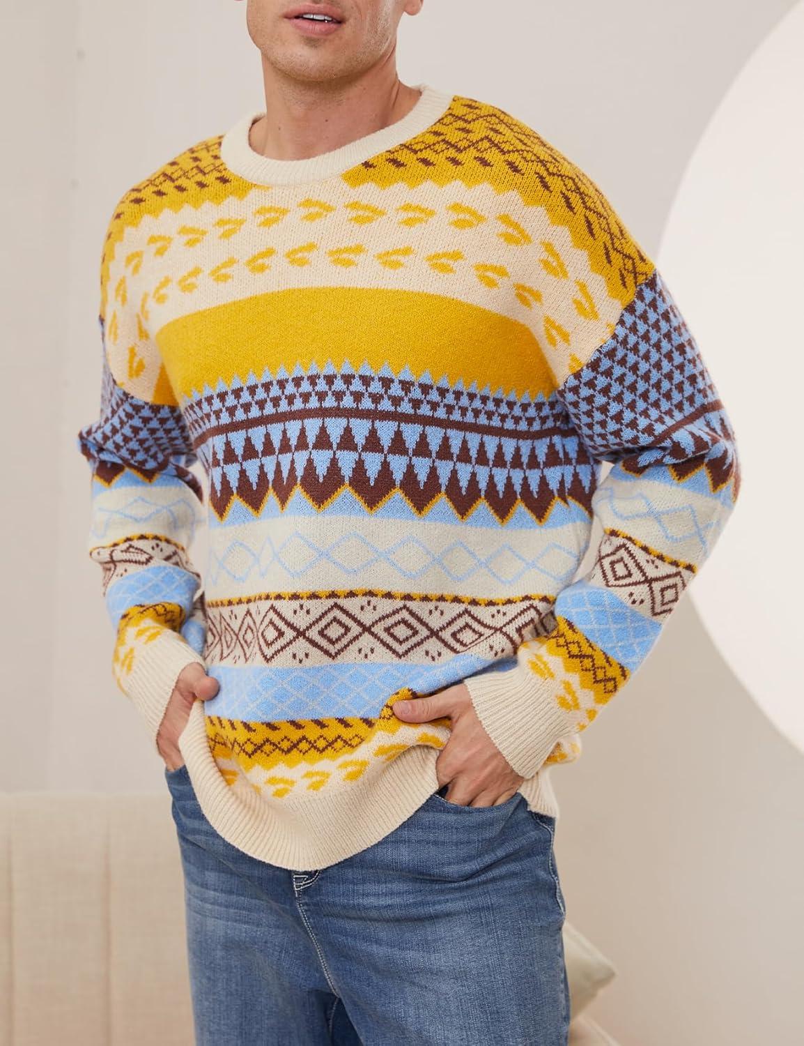Arssm Mens Vintage Sweater Grandpa Oversized Cable Knit Crewneck Pullovers Casual Long Sleeve Striped Sweater(Yellow)