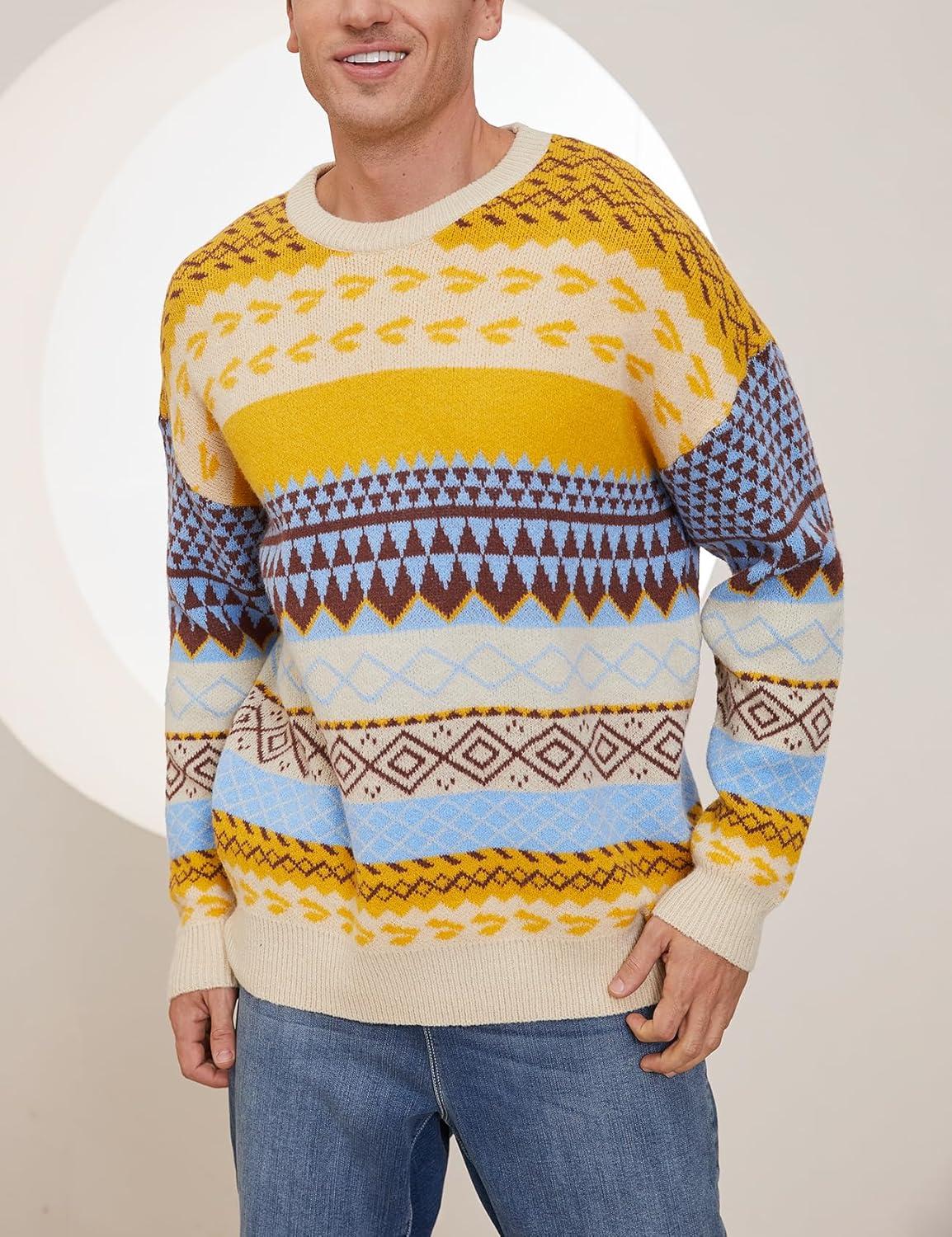 Arssm Mens Vintage Sweater Grandpa Oversized Cable Knit Crewneck Pullovers Casual Long Sleeve Striped Sweater(Yellow)