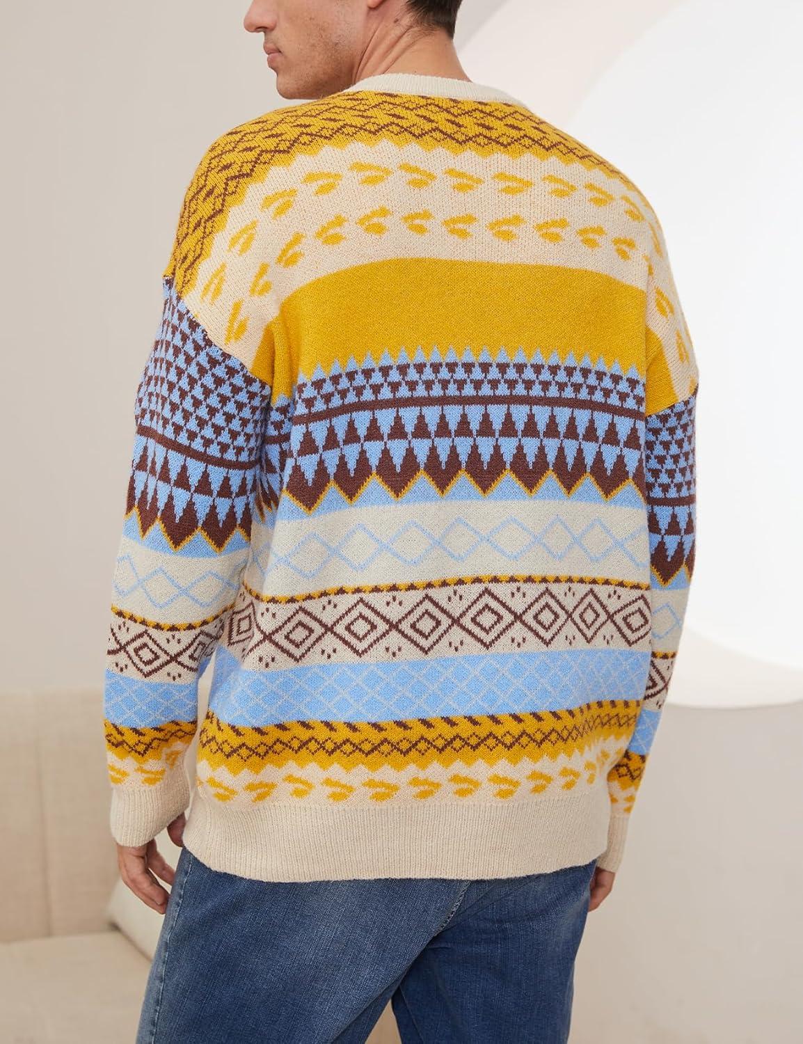 Arssm Mens Vintage Sweater Grandpa Oversized Cable Knit Crewneck Pullovers Casual Long Sleeve Striped Sweater(Yellow)