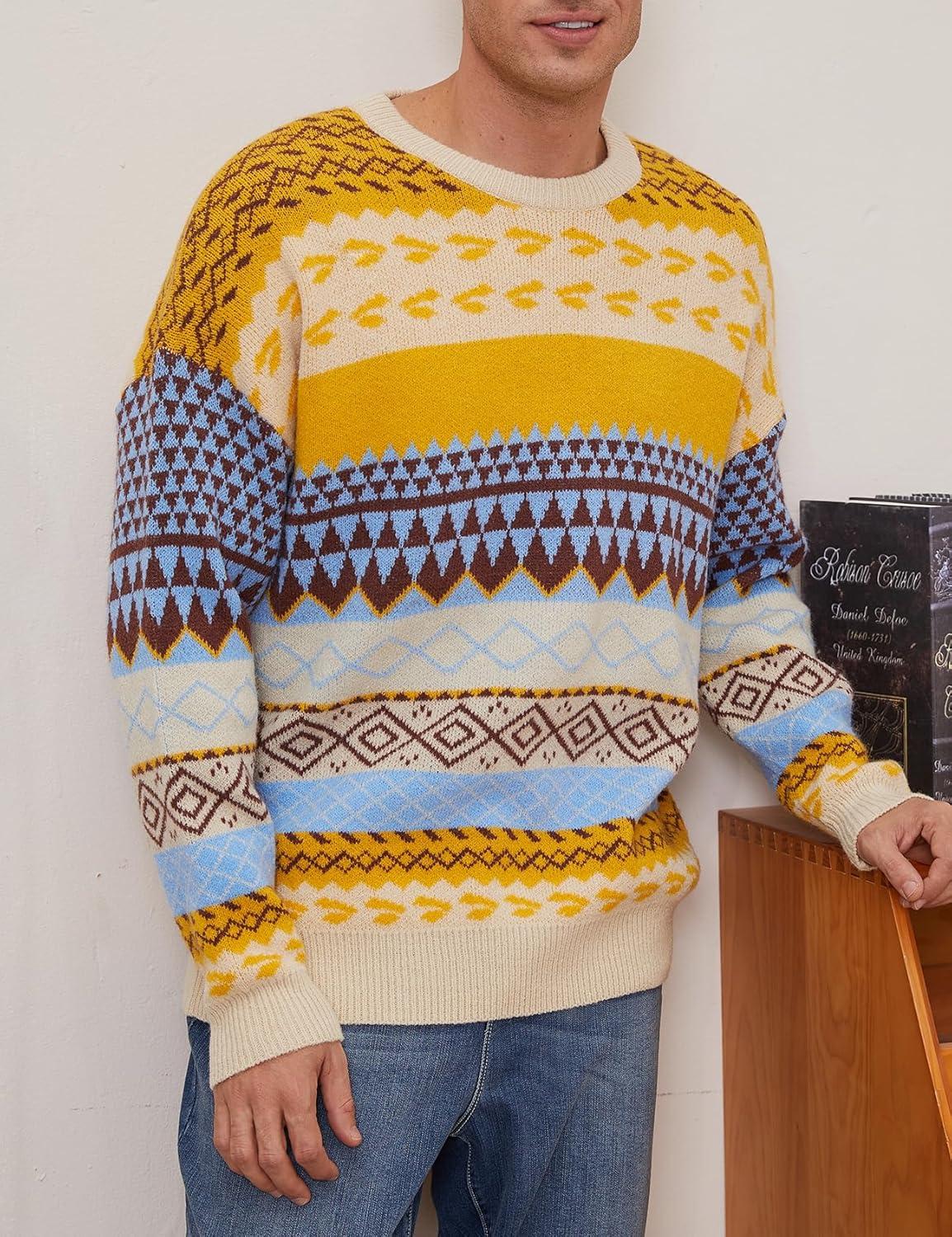 Arssm Mens Vintage Sweater Grandpa Oversized Cable Knit Crewneck Pullovers Casual Long Sleeve Striped Sweater(Yellow)