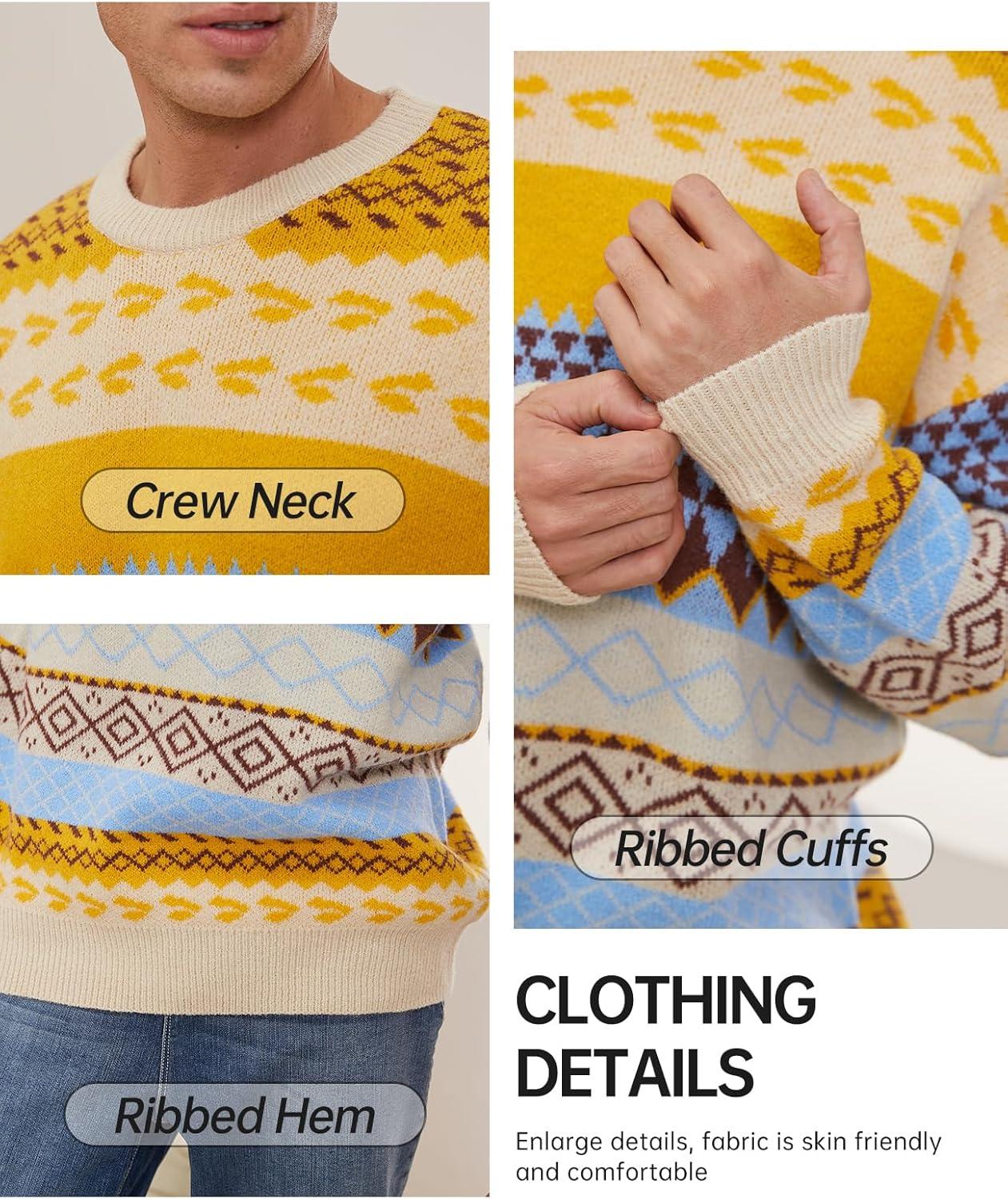 Arssm Mens Vintage Sweater Grandpa Oversized Cable Knit Crewneck Pullovers Casual Long Sleeve Striped Sweater(Yellow)