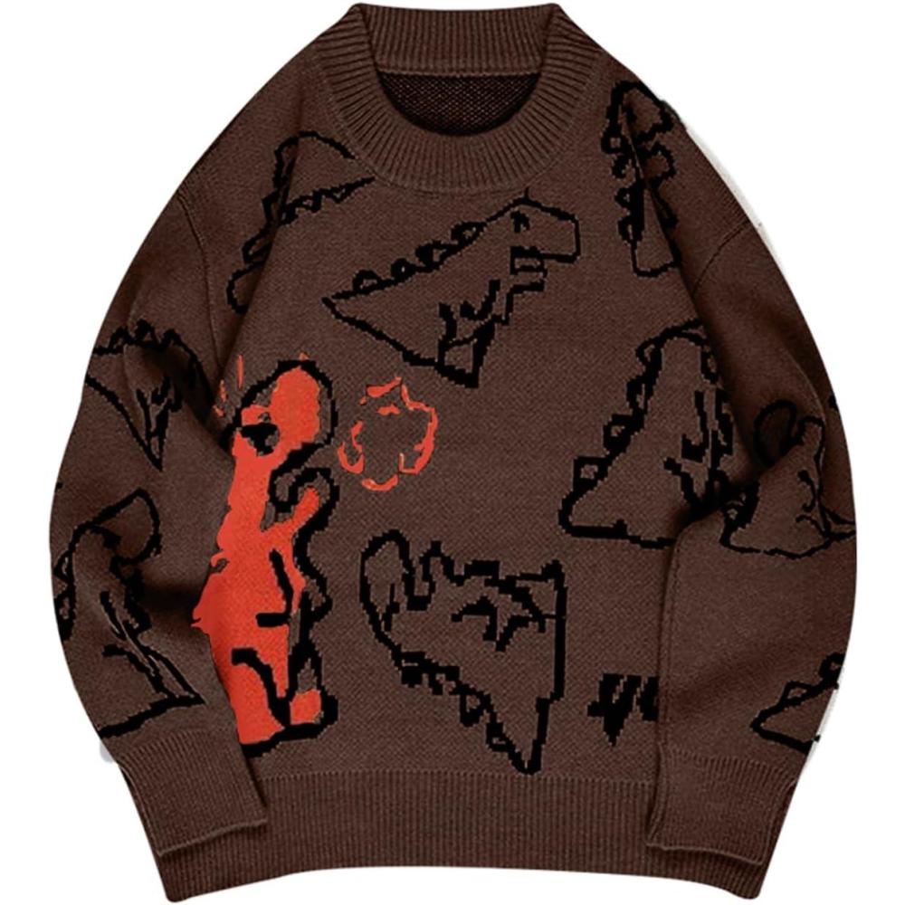 Arssm Dinosaur Sweater Women y2k Vintage Oversized Graphic Streetwear Knit Sweater Casual Cute Kawaii Tops(Brown)