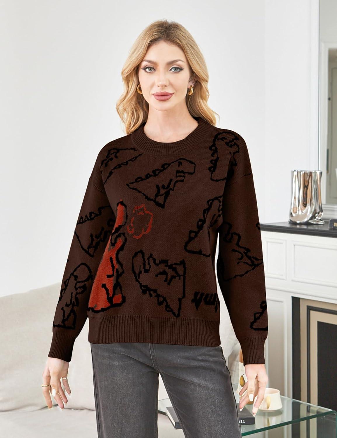 Arssm Dinosaur Sweater Women y2k Vintage Oversized Graphic Streetwear Knit Sweater Casual Cute Kawaii Tops(Brown)