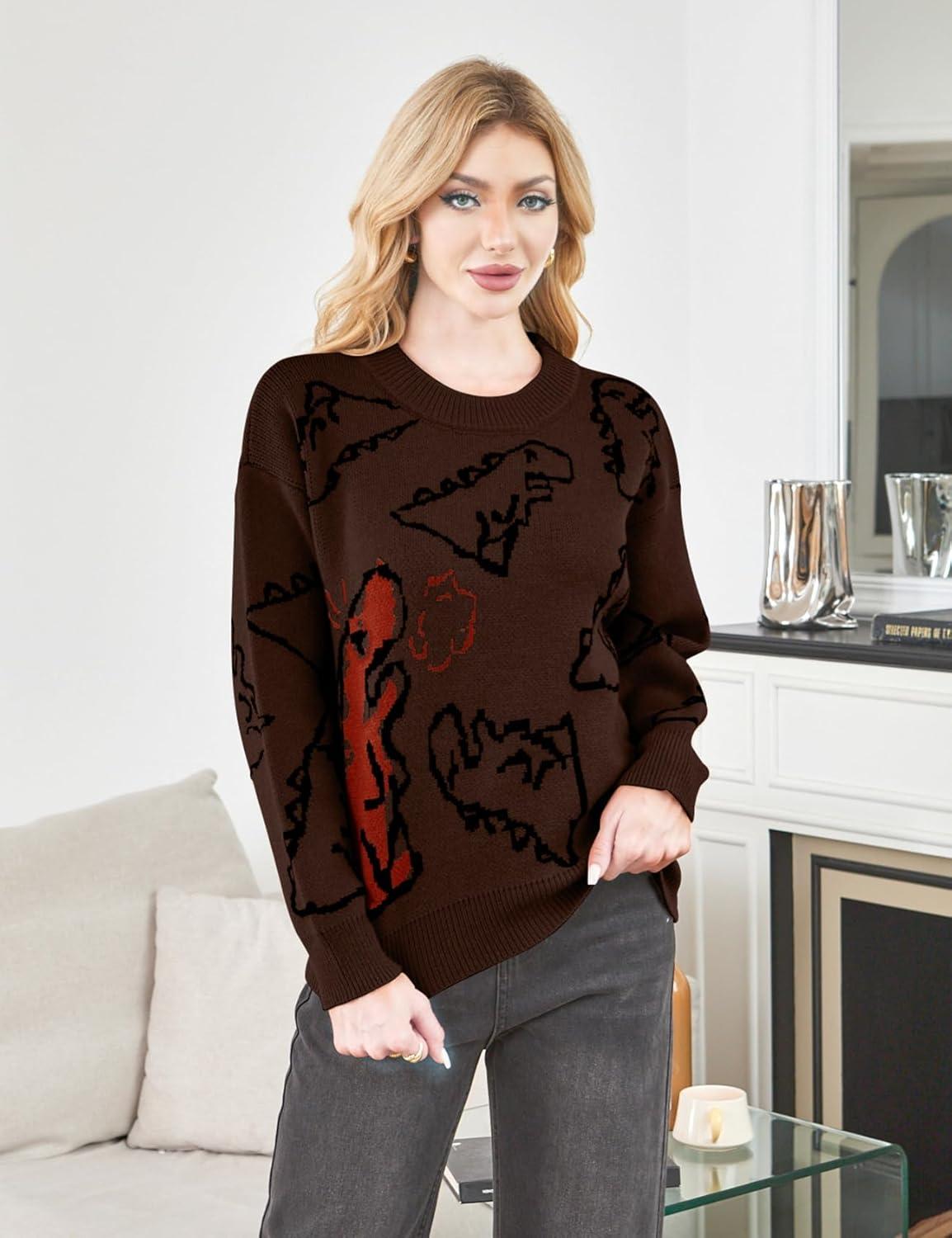 Arssm Dinosaur Sweater Women y2k Vintage Oversized Graphic Streetwear Knit Sweater Casual Cute Kawaii Tops(Brown)