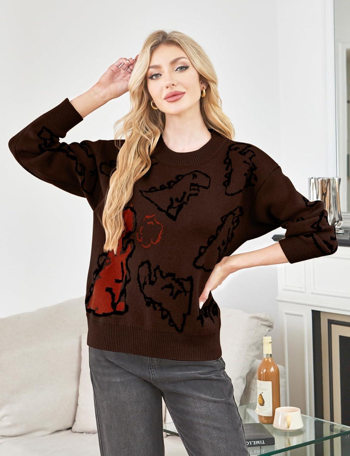 Arssm Dinosaur Sweater Women y2k Vintage Oversized Graphic Streetwear Knit Sweater Casual Cute Kawaii Tops(Brown)