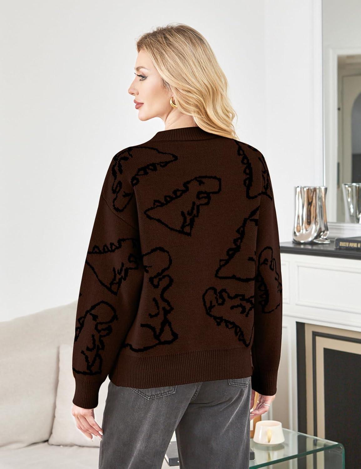 Arssm Dinosaur Sweater Women y2k Vintage Oversized Graphic Streetwear Knit Sweater Casual Cute Kawaii Tops(Brown)