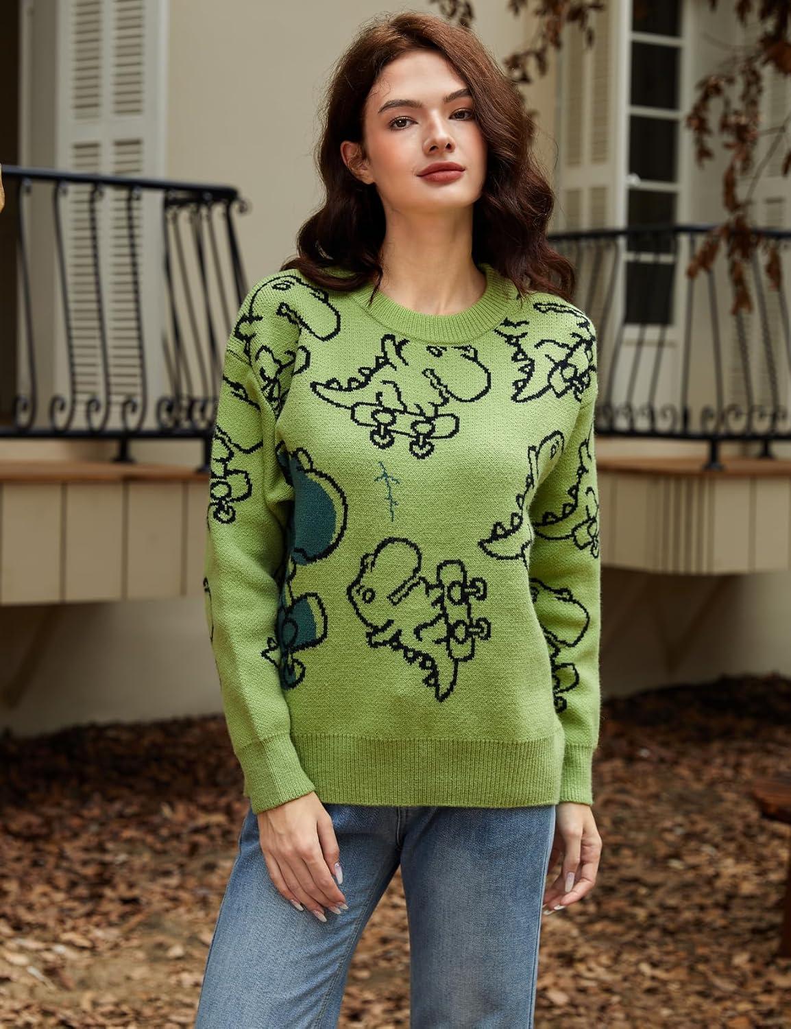 Arssm Dinosaur Sweater Women y2k Vintage Oversized Graphic Streetwear Knit Sweater Casual Cute Kawaii Tops(Green Dinosaur)