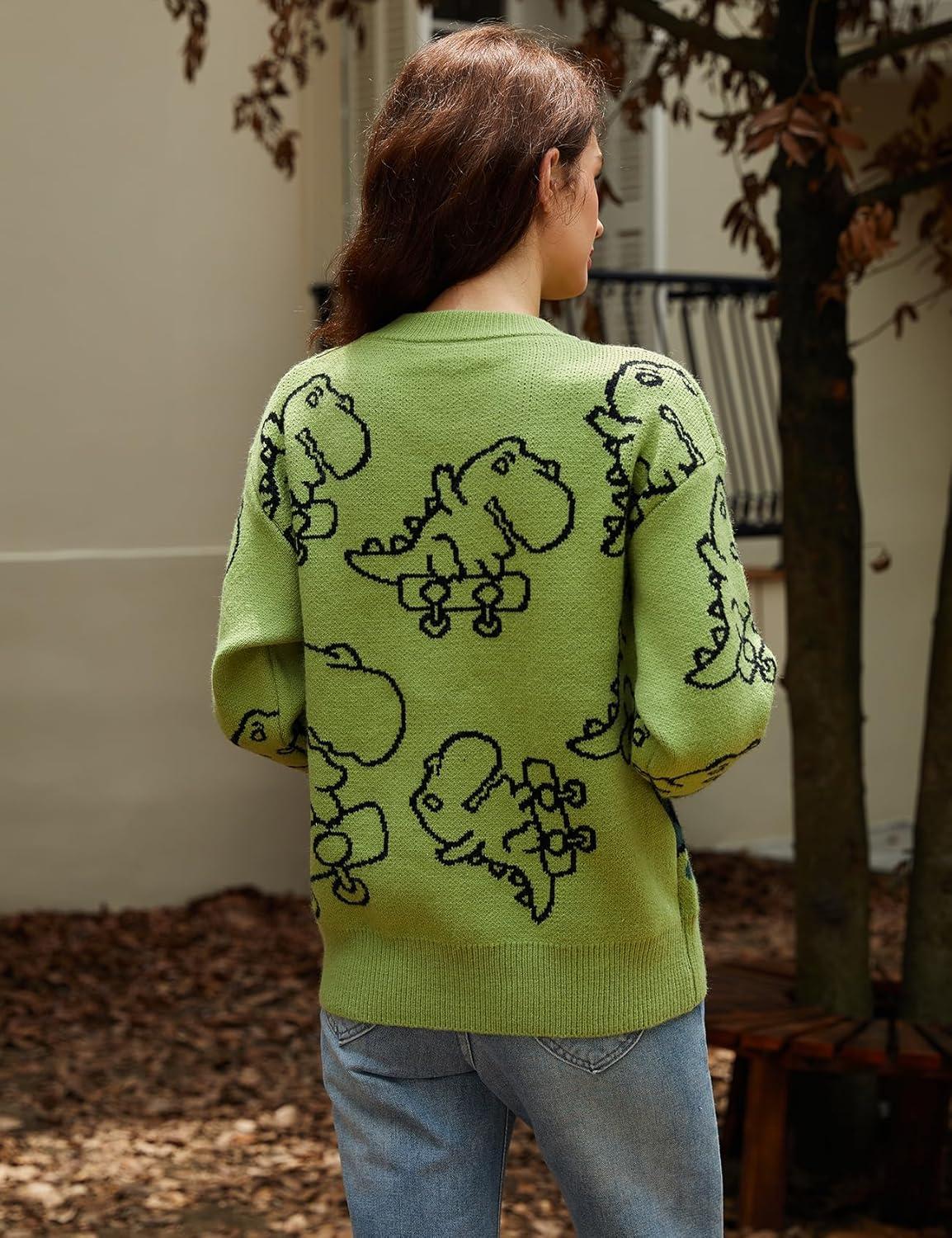 Arssm Dinosaur Sweater Women y2k Vintage Oversized Graphic Streetwear Knit Sweater Casual Cute Kawaii Tops(Green Dinosaur)