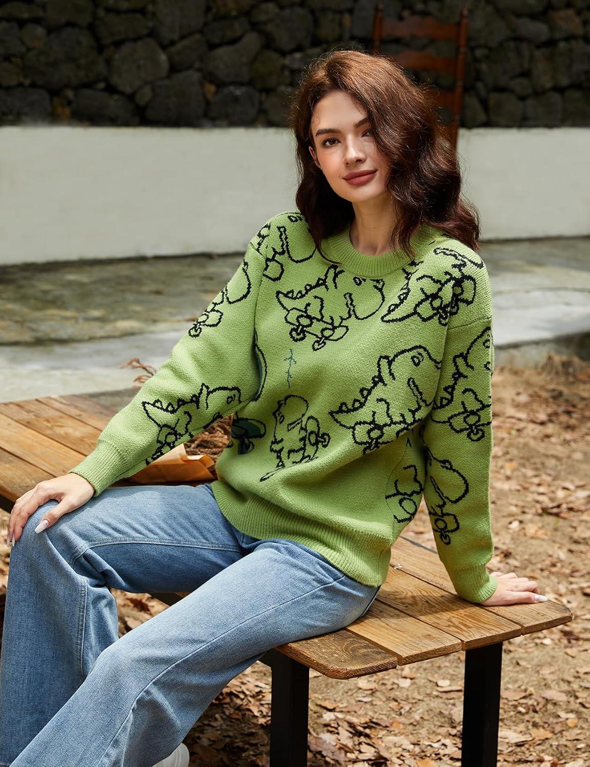 Arssm Dinosaur Sweater Women y2k Vintage Oversized Graphic Streetwear Knit Sweater Casual Cute Kawaii Tops(Green Dinosaur)