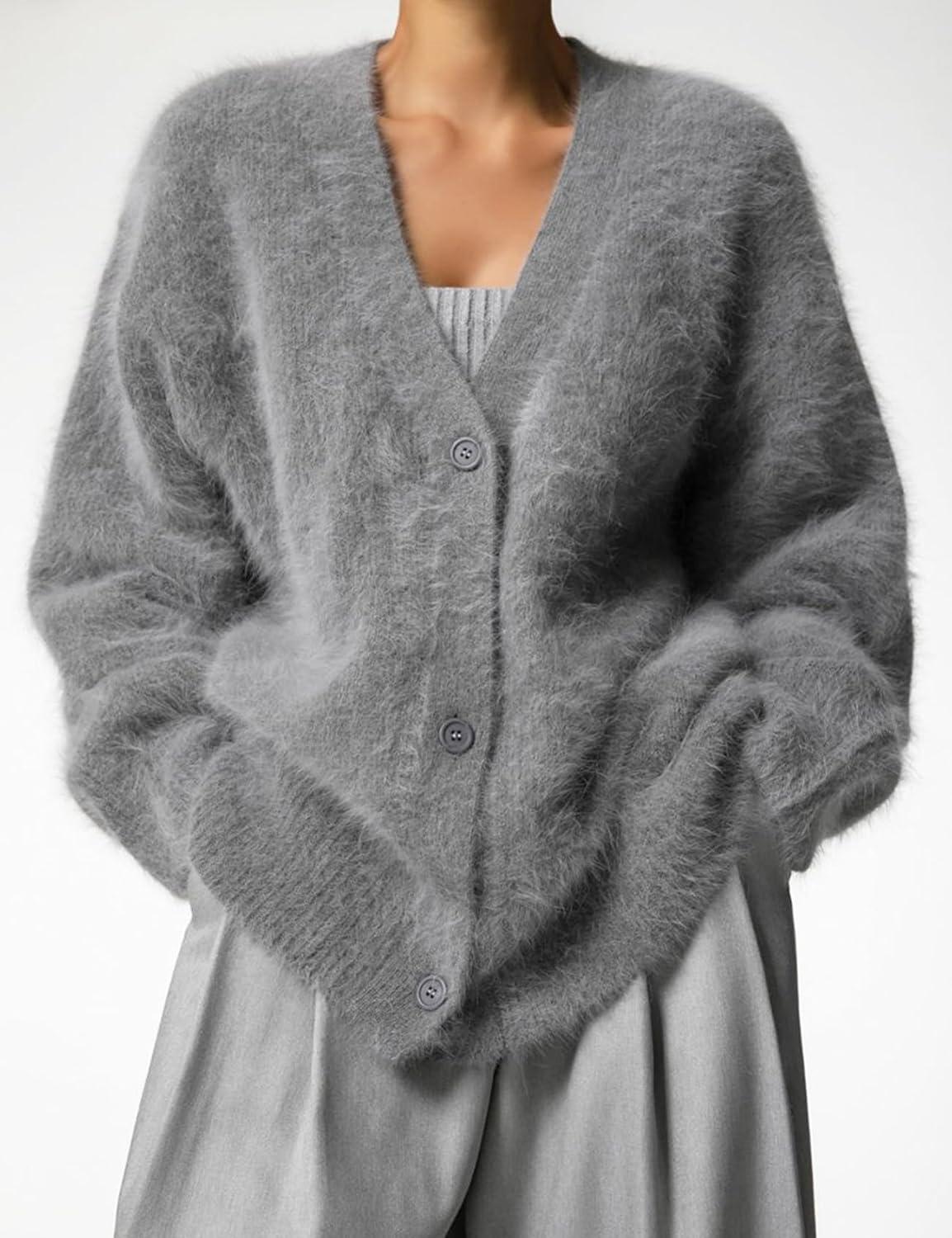 Arssm Womens Fuzzy Cardigan Sweater V Neck Cardigans Button Down Fluffy Knit Top Fashion 2026 Knitwear(Grey)