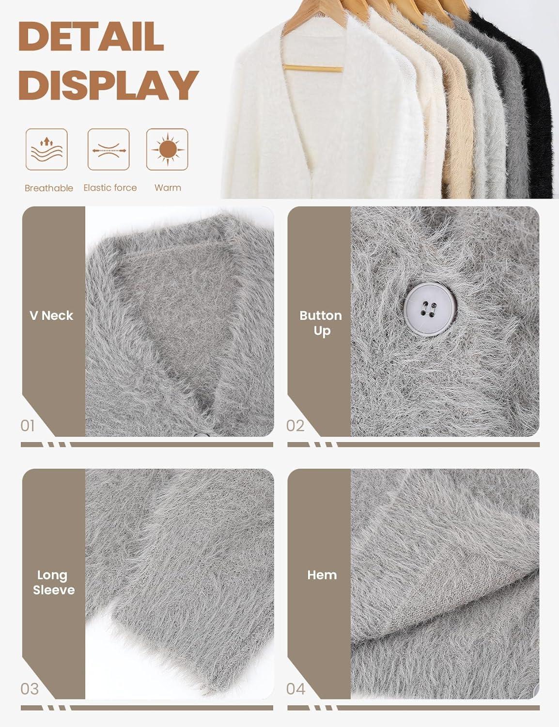 Arssm Womens Fuzzy Cardigan Sweater V Neck Cardigans Button Down Fluffy Knit Top Fashion 2026 Knitwear(Grey)