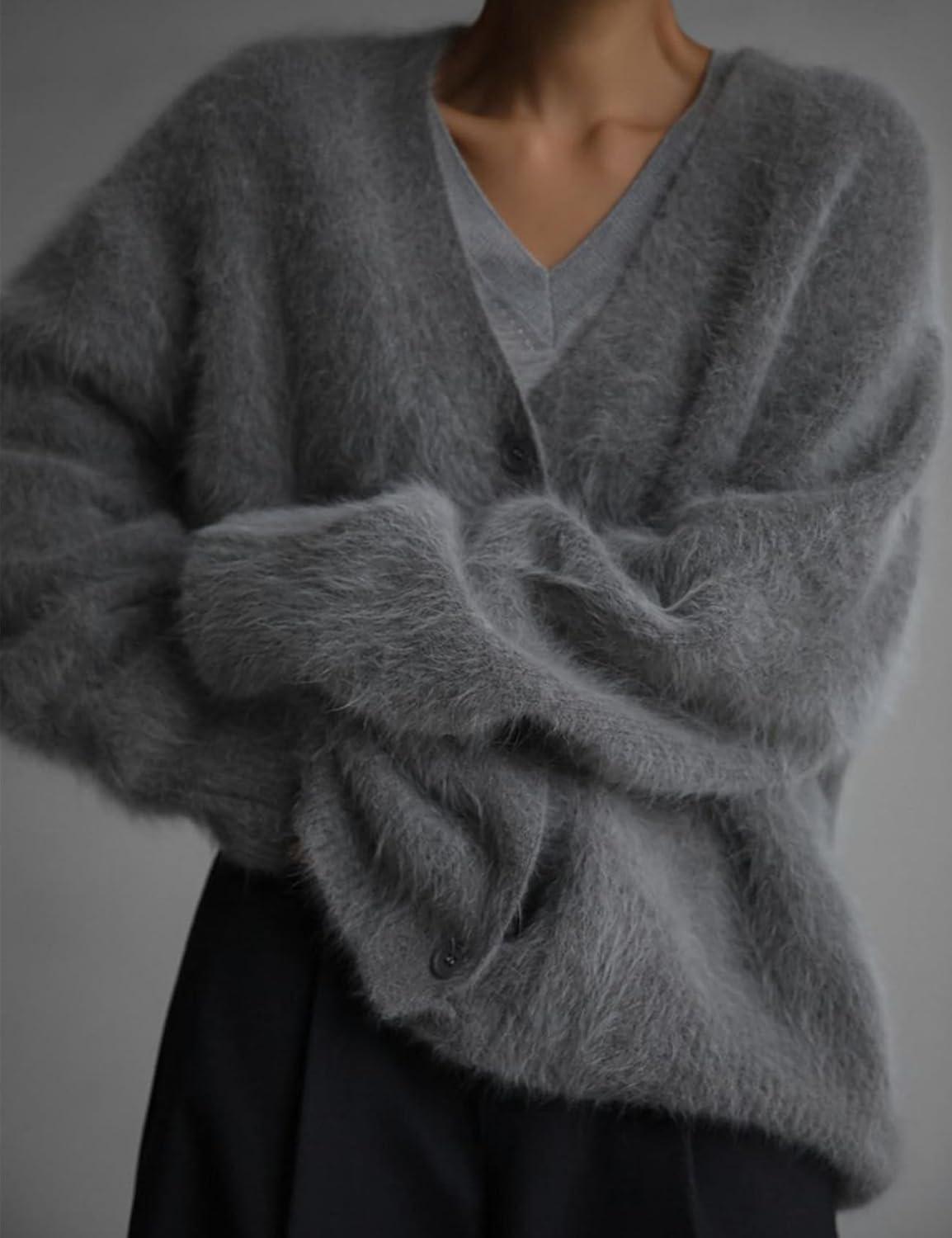 Arssm Womens Fuzzy Cardigan Sweater V Neck Cardigans Button Down Fluffy Knit Top Fashion 2026 Knitwear(Grey)
