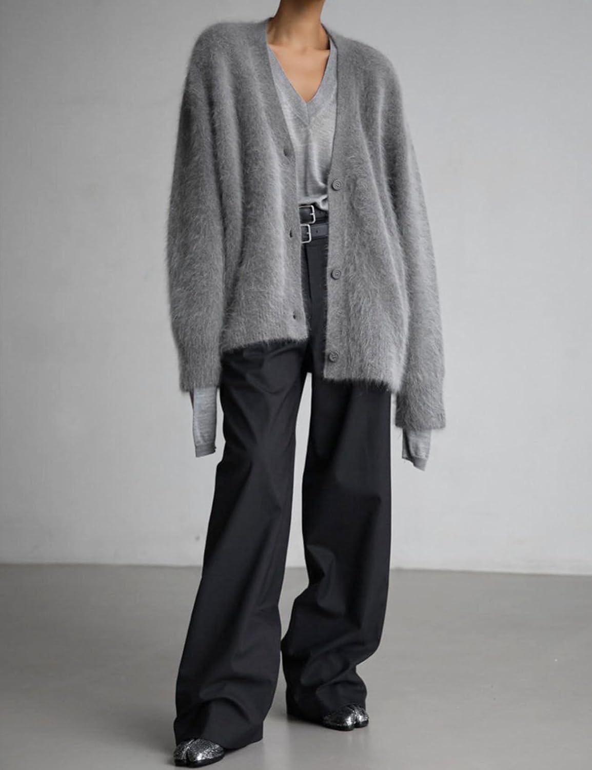 Arssm Womens Fuzzy Cardigan Sweater V Neck Cardigans Button Down Fluffy Knit Top Fashion 2026 Knitwear(Grey)