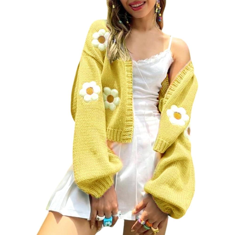 Arssm Y2K Womens Flower Cardigan Sweater Long Sleeve Knit Cropped Cardigan Open Front Cute Shrug Fall Sweater 90s Outfits(Yellow)