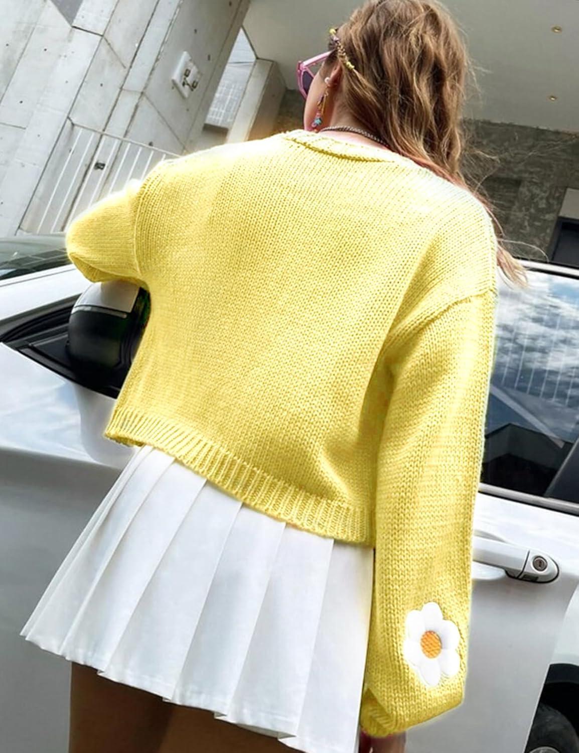 Arssm Y2K Womens Flower Cardigan Sweater Long Sleeve Knit Cropped Cardigan Open Front Cute Shrug Fall Sweater 90s Outfits(Yellow)