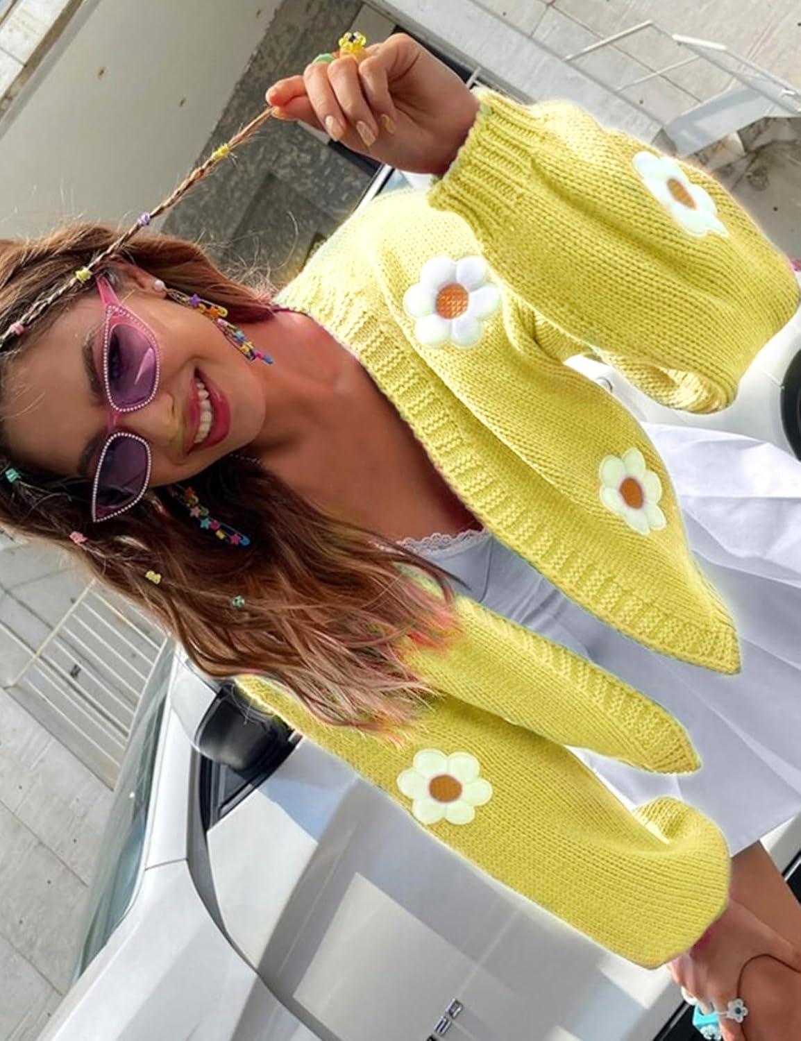 Arssm Y2K Womens Flower Cardigan Sweater Long Sleeve Knit Cropped Cardigan Open Front Cute Shrug Fall Sweater 90s Outfits(Yellow)