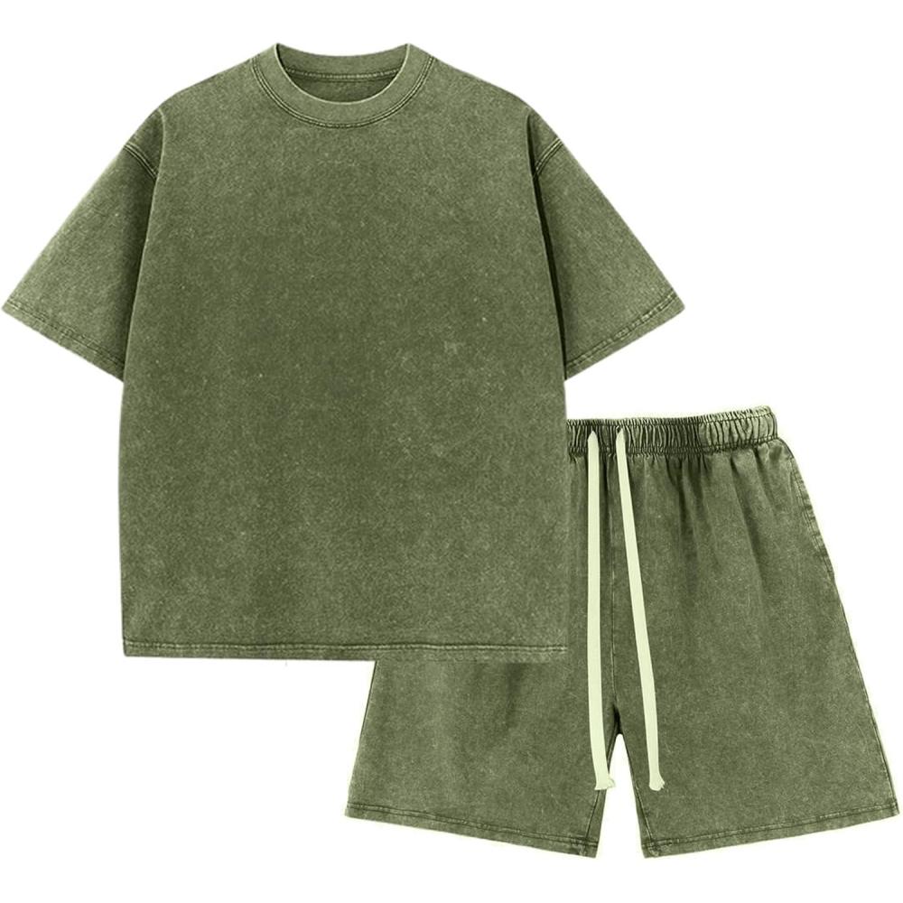 Arssm Boys Short Sets 2 Piece Acid Wash Vintage Kids Athletic Set(Armygreen)