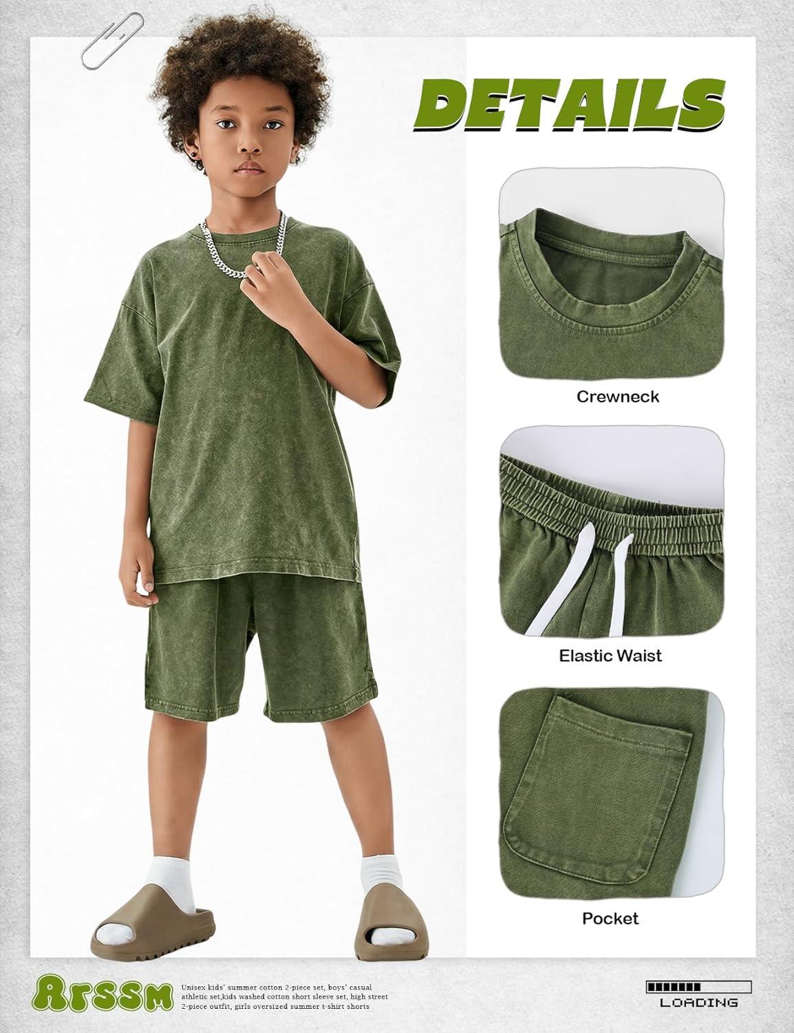 Arssm Boys Short Sets 2 Piece Acid Wash Vintage Kids Athletic Set(Armygreen)