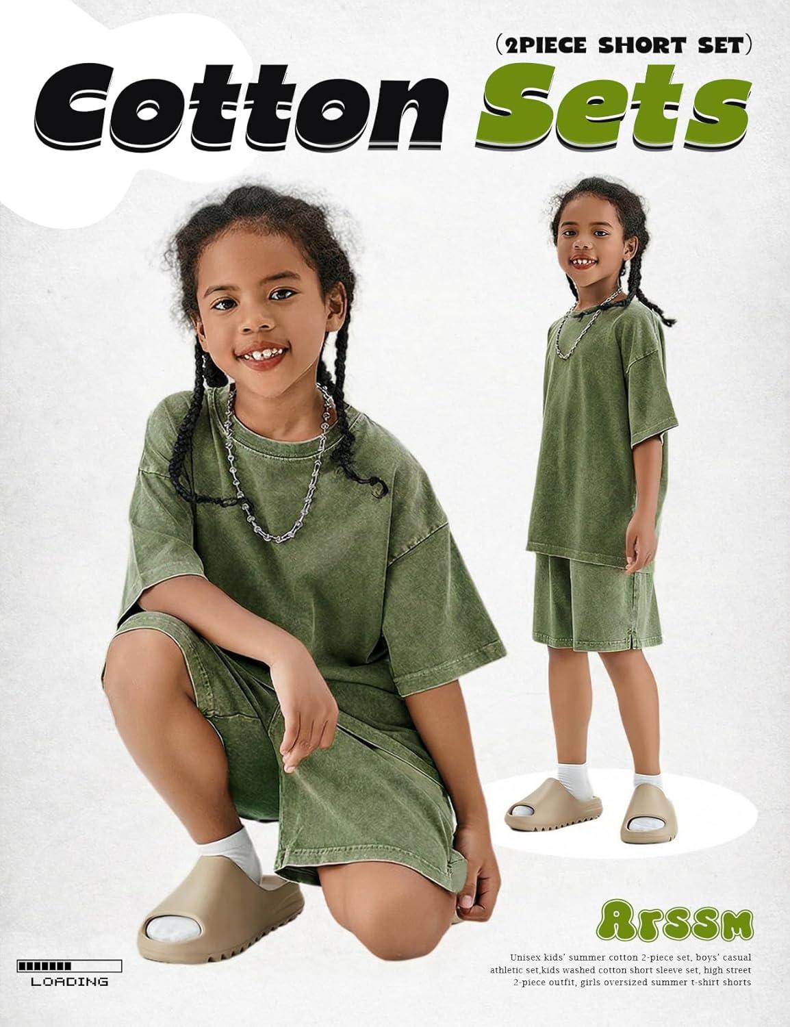 Arssm Boys Short Sets 2 Piece Acid Wash Vintage Kids Athletic Set(Armygreen)