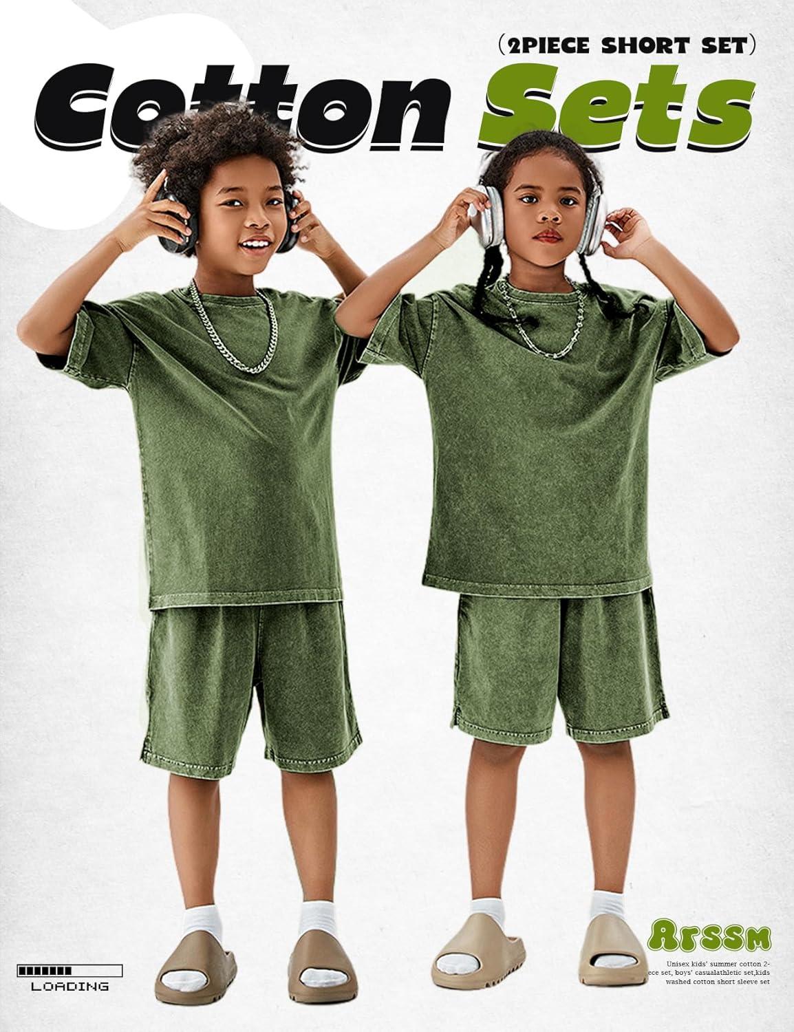 Arssm Boys Short Sets 2 Piece Acid Wash Vintage Kids Athletic Set(Armygreen)