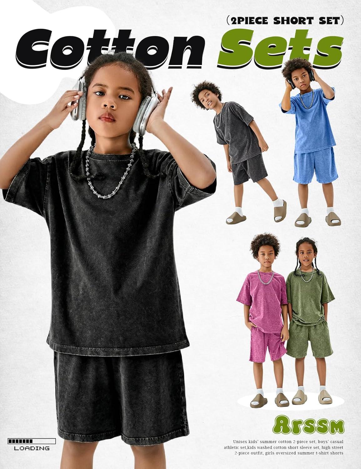 Arssm Boys Short Sets 2 Piece Acid Wash Vintage Kids Athletic Set(Armygreen)