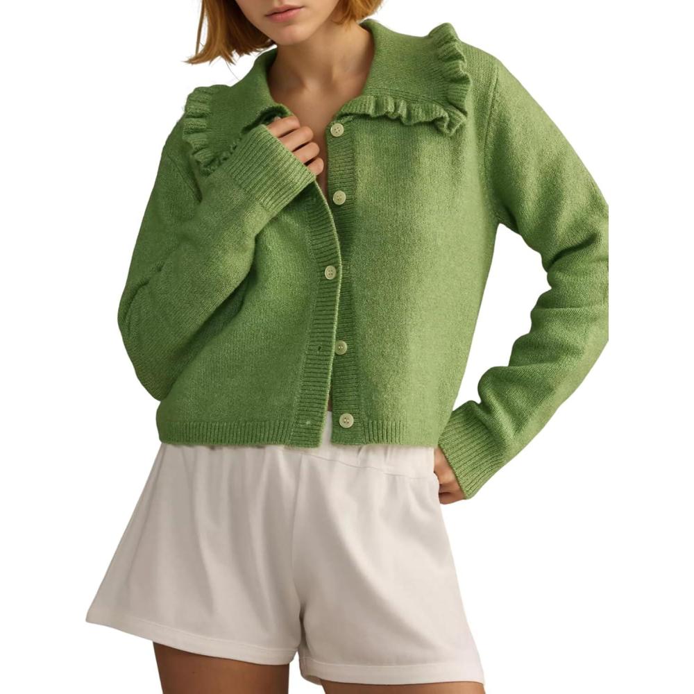 Arssm Womens Ruffle Collar Cardigan Cropped Button Down Open Front Sweaters Knitted Long Sleeve Fall 2025 Elegant Outwear(Green)