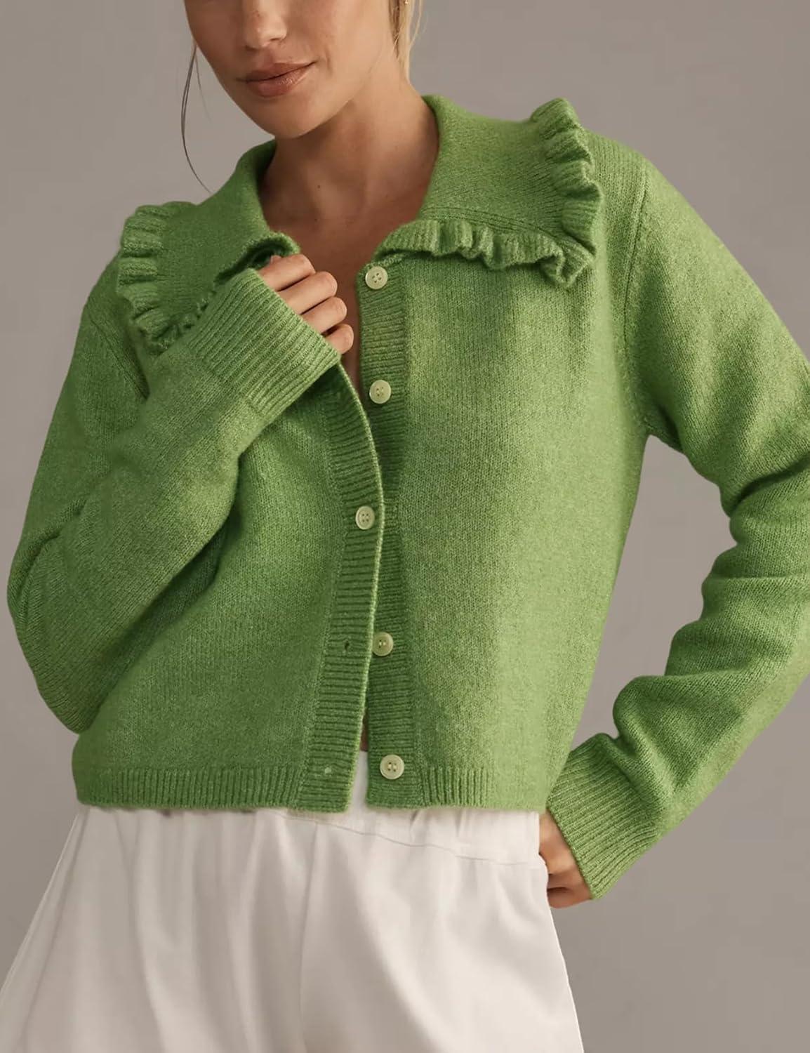 Arssm Womens Ruffle Collar Cardigan Cropped Button Down Open Front Sweaters Knitted Long Sleeve Fall 2025 Elegant Outwear(Green)