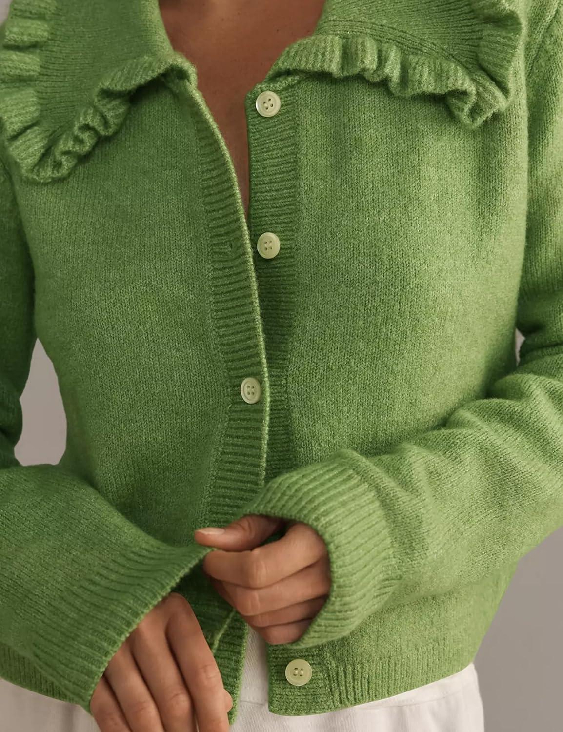 Arssm Womens Ruffle Collar Cardigan Cropped Button Down Open Front Sweaters Knitted Long Sleeve Fall 2025 Elegant Outwear(Green)