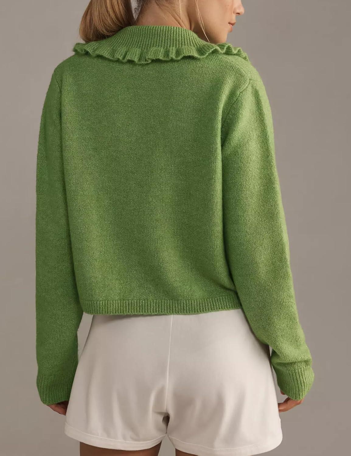 Arssm Womens Ruffle Collar Cardigan Cropped Button Down Open Front Sweaters Knitted Long Sleeve Fall 2025 Elegant Outwear(Green)