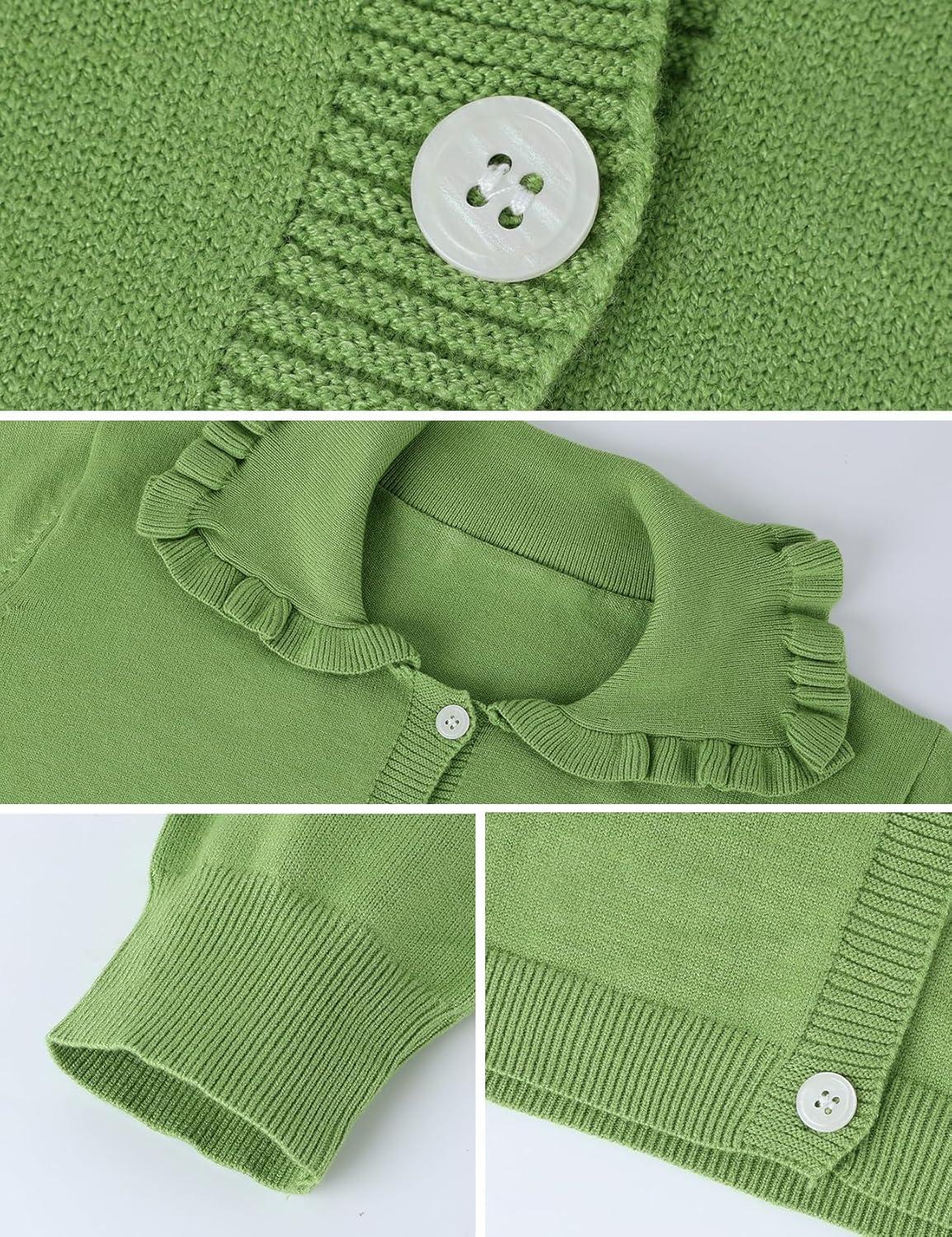 Arssm Womens Ruffle Collar Cardigan Cropped Button Down Open Front Sweaters Knitted Long Sleeve Fall 2025 Elegant Outwear(Green)