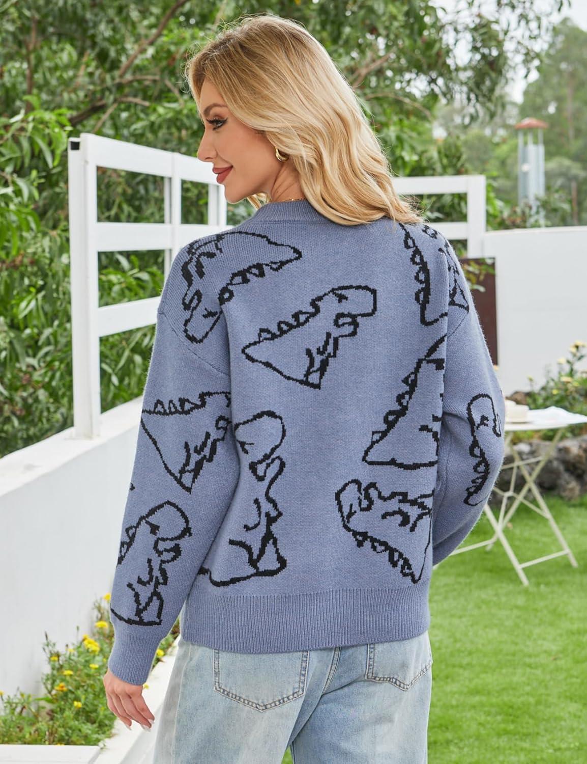Arssm Dinosaur Sweater Women y2k Vintage Oversized Graphic Streetwear Knit Sweater Casual Cute Kawaii Tops(Haze Blue)
