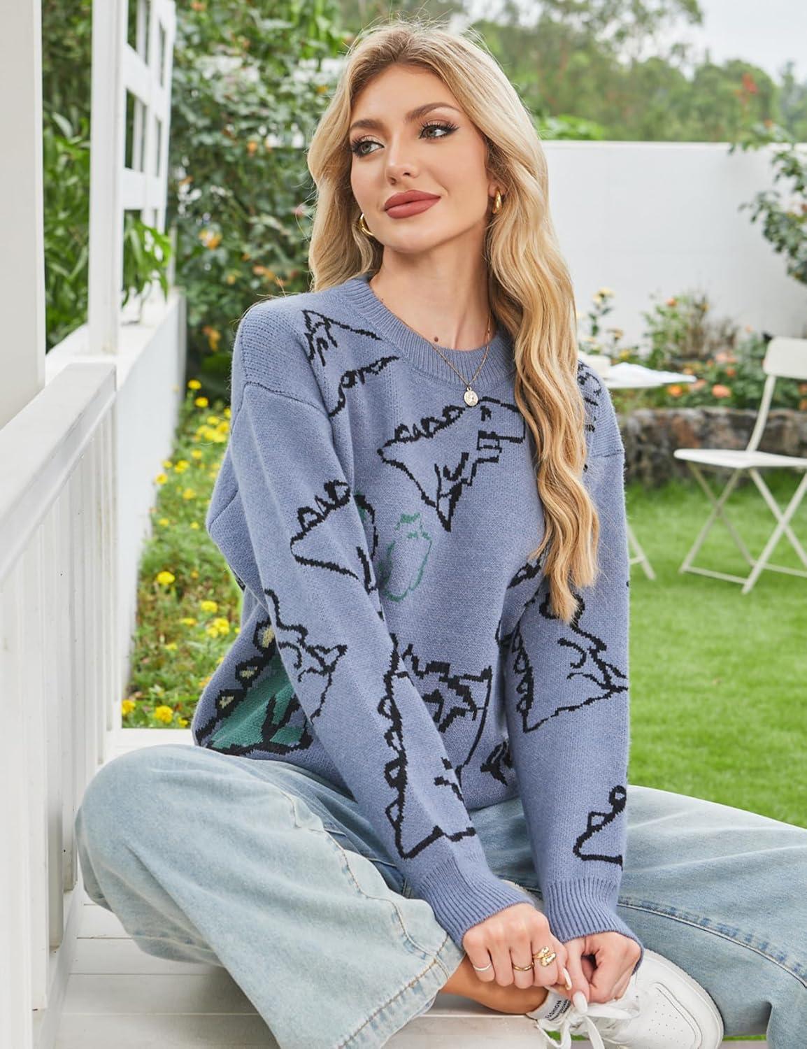 Arssm Dinosaur Sweater Women y2k Vintage Oversized Graphic Streetwear Knit Sweater Casual Cute Kawaii Tops(Haze Blue)