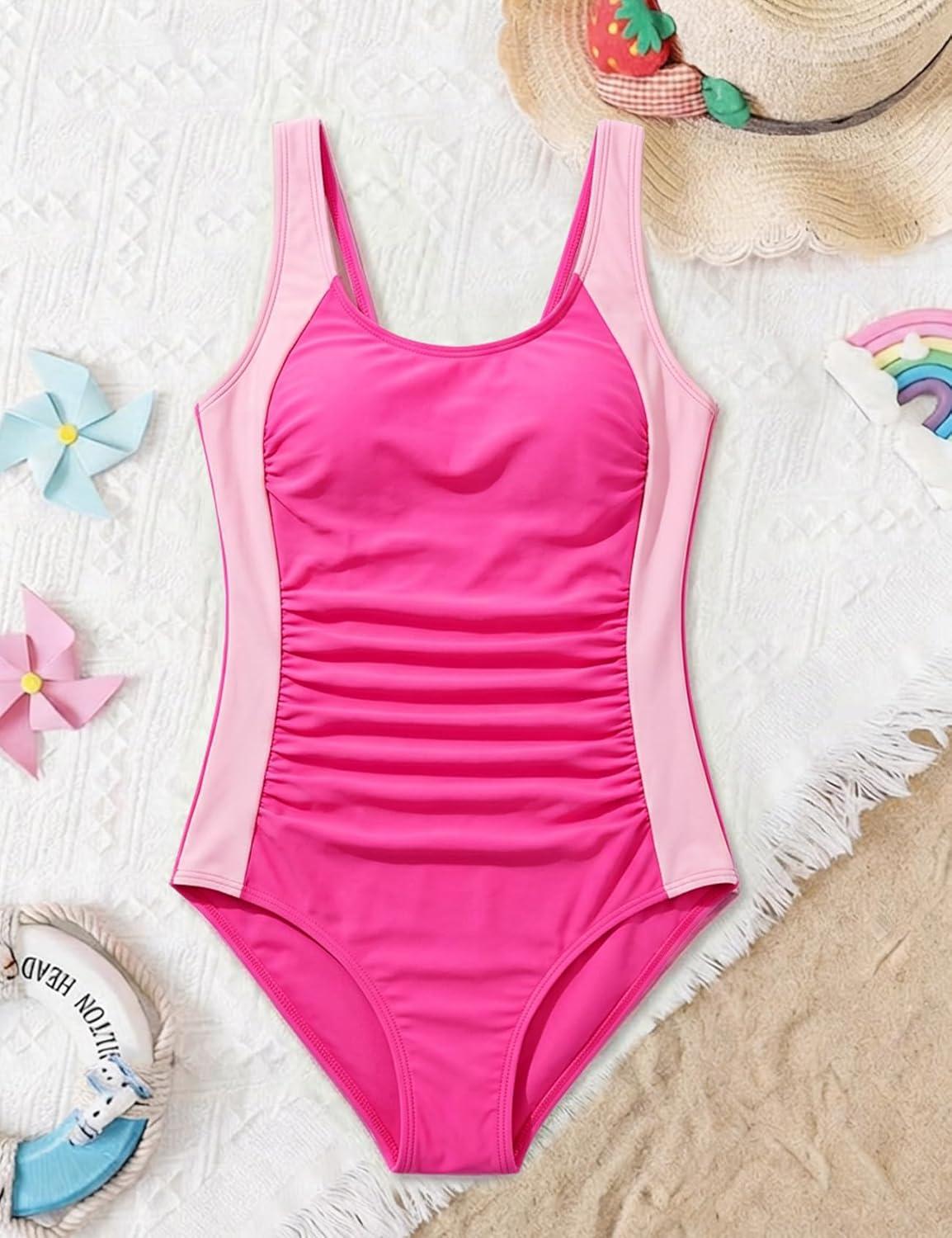 Arssm Girls Swimsuit Teen Girl One Piece Swimsuit Ruched Bathing Suit Adjustable Straps Padded Swimwear 9-16Y(Rosered)
