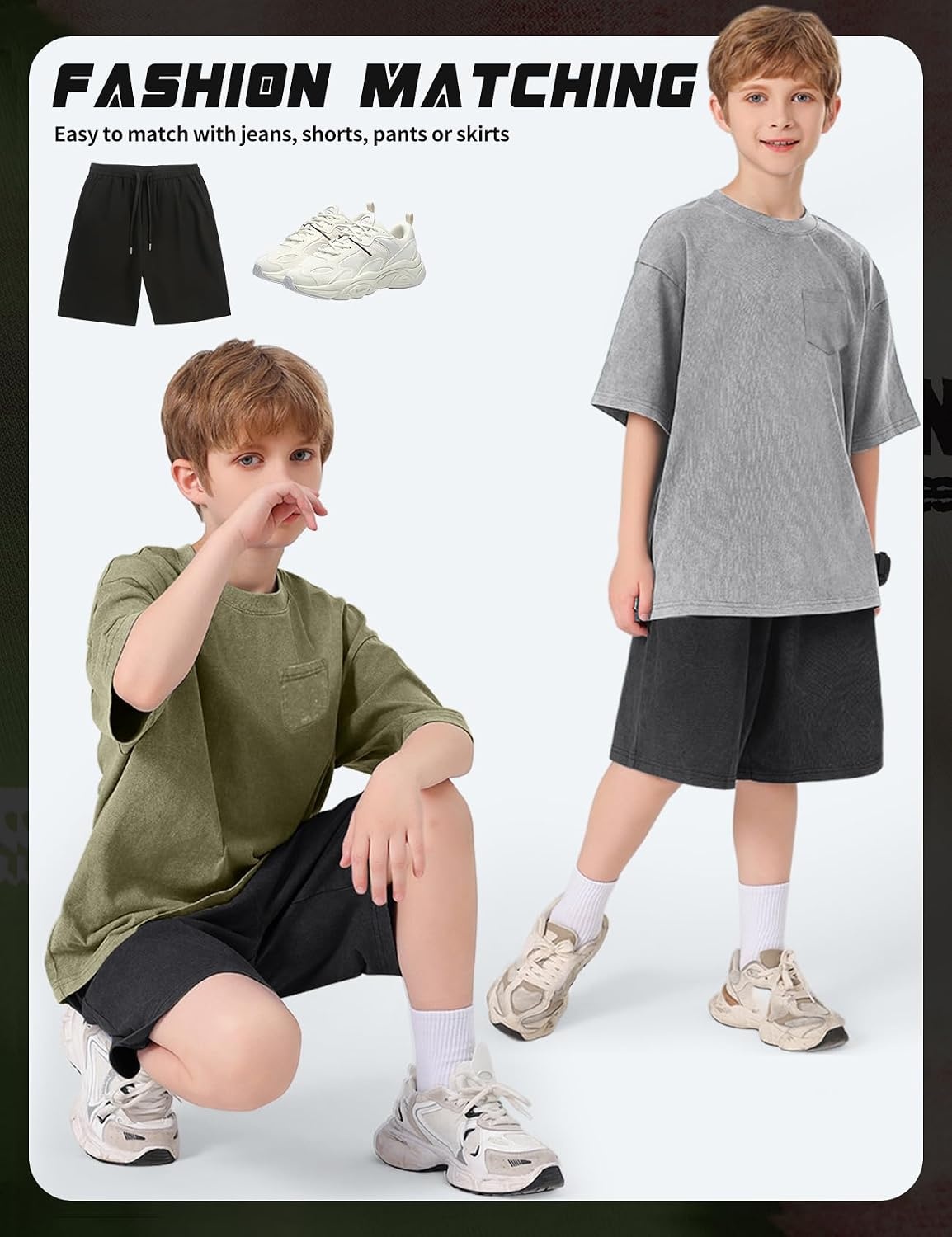 Arssm 3 Pack Boys Tshirts Kids Oversized T Shirts Cotton Acid Wash Crewneck Summer Basic Tees(Grey+army+apricot)
