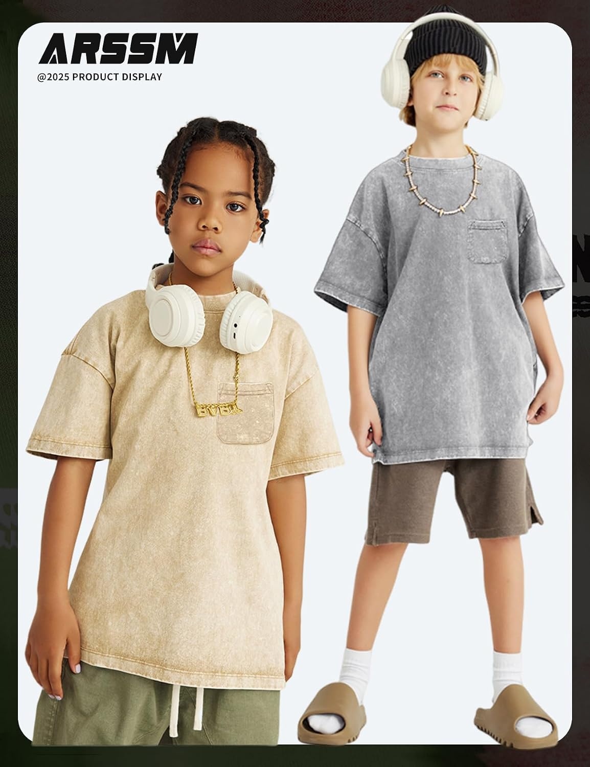 Arssm 3 Pack Boys Tshirts Kids Oversized T Shirts Cotton Acid Wash Crewneck Summer Basic Tees(Grey+army+apricot)