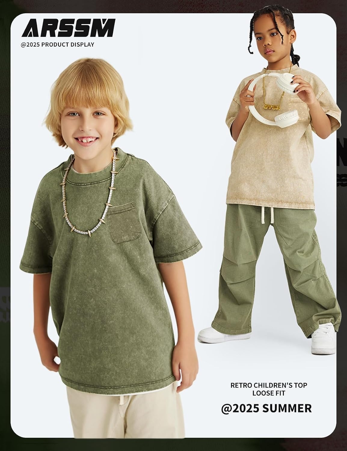 Arssm 3 Pack Boys Tshirts Kids Oversized T Shirts Cotton Acid Wash Crewneck Summer Basic Tees(Grey+army+apricot)