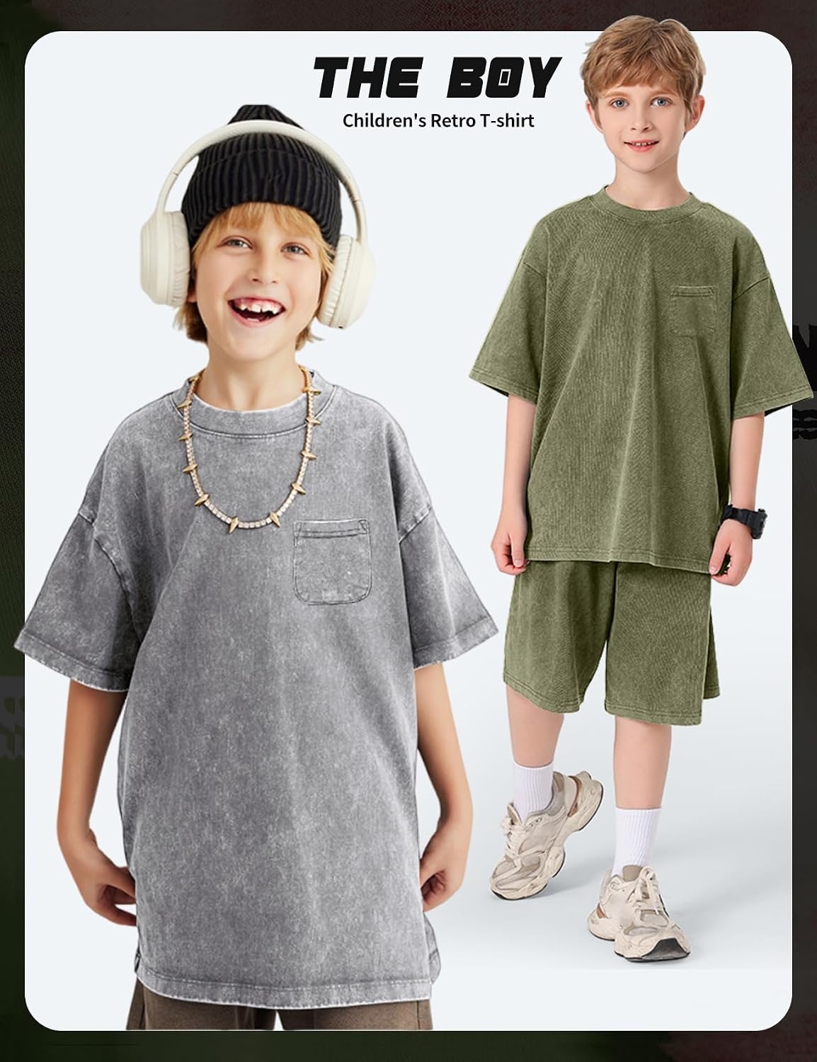 Arssm 3 Pack Boys Tshirts Kids Oversized T Shirts Cotton Acid Wash Crewneck Summer Basic Tees(Grey+army+apricot)