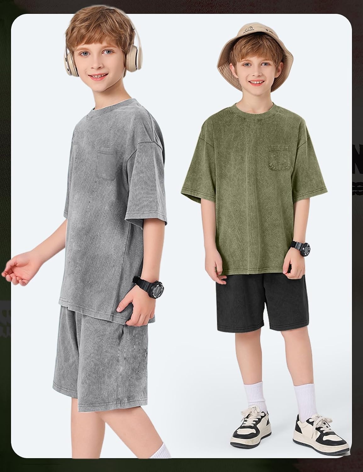 Arssm 3 Pack Boys Tshirts Kids Oversized T Shirts Cotton Acid Wash Crewneck Summer Basic Tees(Grey+army+apricot)