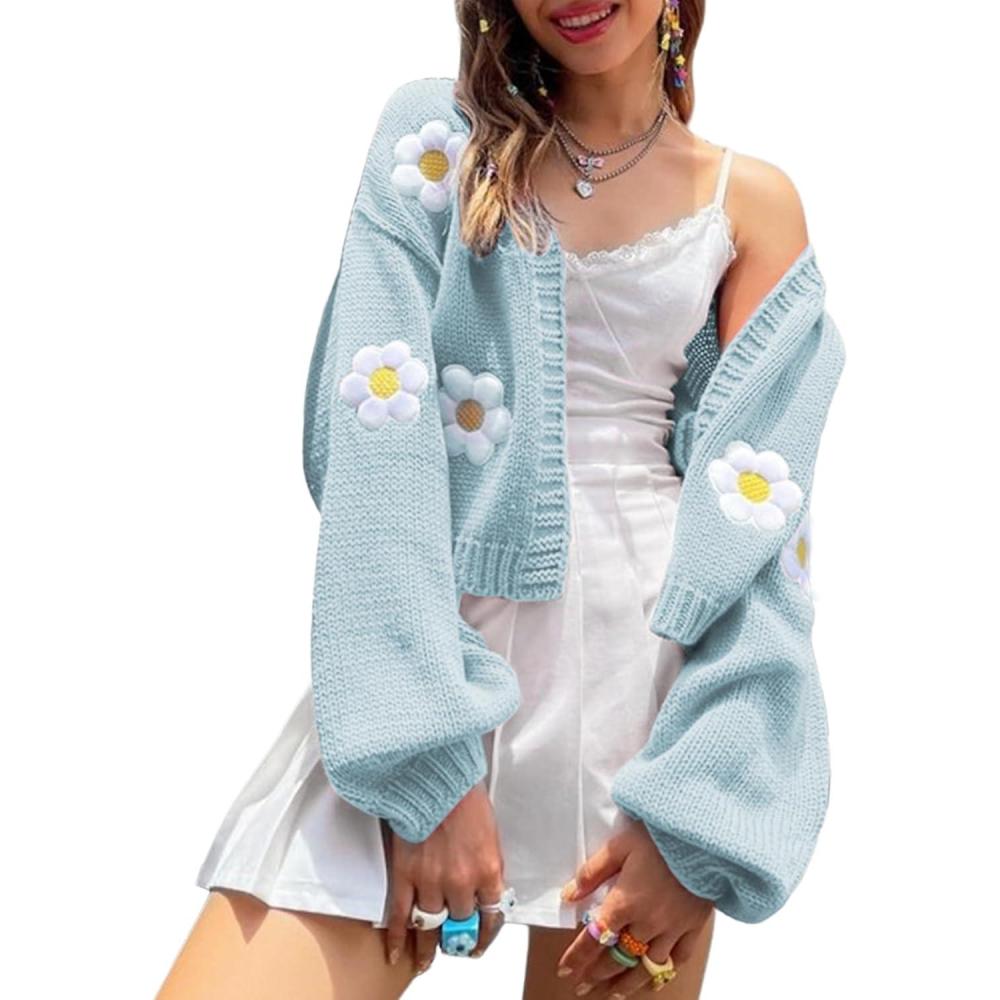 Arssm Y2K Womens Flower Cardigan Sweater Long Sleeve Knit Cropped Cardigan Open Front Cute Shrug Fall Sweater 90s Outfits(Blue)