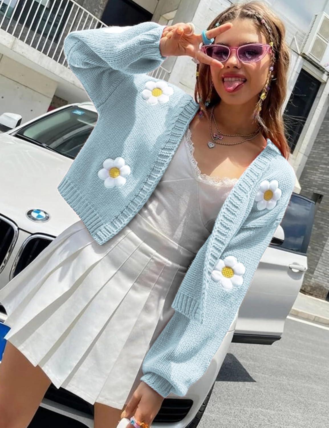 Arssm Y2K Womens Flower Cardigan Sweater Long Sleeve Knit Cropped Cardigan Open Front Cute Shrug Fall Sweater 90s Outfits(Blue)
