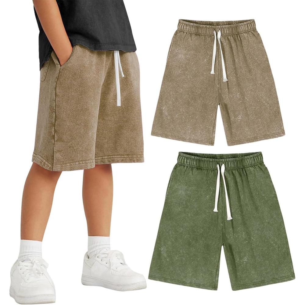 Arssm 2 Pack Boys Shorts Cotton Acid Washed Athletic Shorts Kids Summer Active Shorts with Pockets(Khaki+army)
